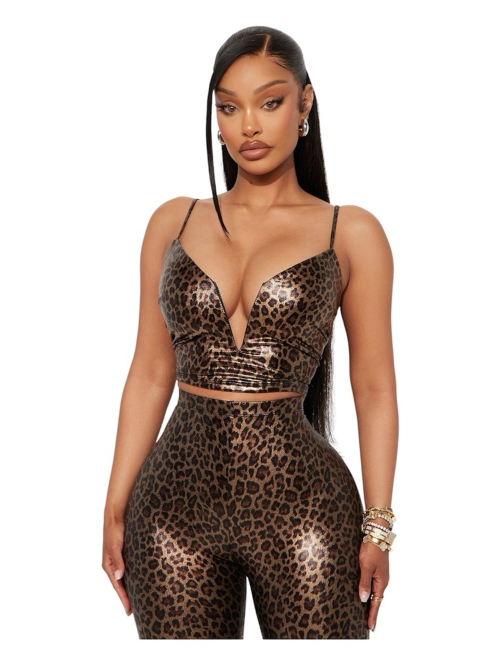 High-Waist Wide-Leg Leopard Print Pants Set Brown/Black Combo XL - Picture 3 of 7